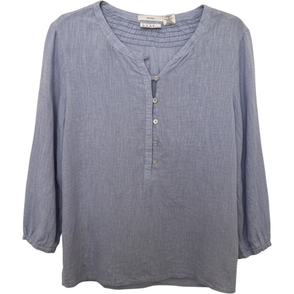Nicole Miller Blouse Women M Blue 100% Linen Smocked Henley Top